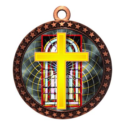 10 Pack of Religious Bronze 2.25 Inch Medals Trophy Awards with Red White Blue Neck Ribbons D212B-FCL528-10PK