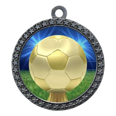 10 Pack of Soccer Silver 2.25 Inch Medals Trophy Awards with Red White Blue Neck Ribbons D212S-D30-10PK