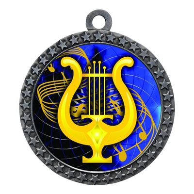 10 Pack of Music Silver 2.25 Inch Medals Trophy Awards with Red White Blue Neck Ribbons D212S-FCL516-10PK
