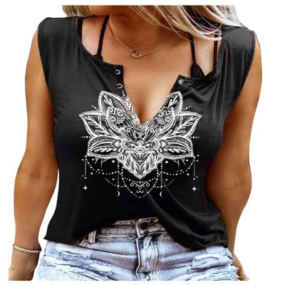 Womens Mandala Vintage Graphic Racerback Tank Tops Summer Casual Loose O-Neck Tanks Vest Vacation Classic-Fit Shirt Cami (Mandala Ring Hole Black, 2X-Large)