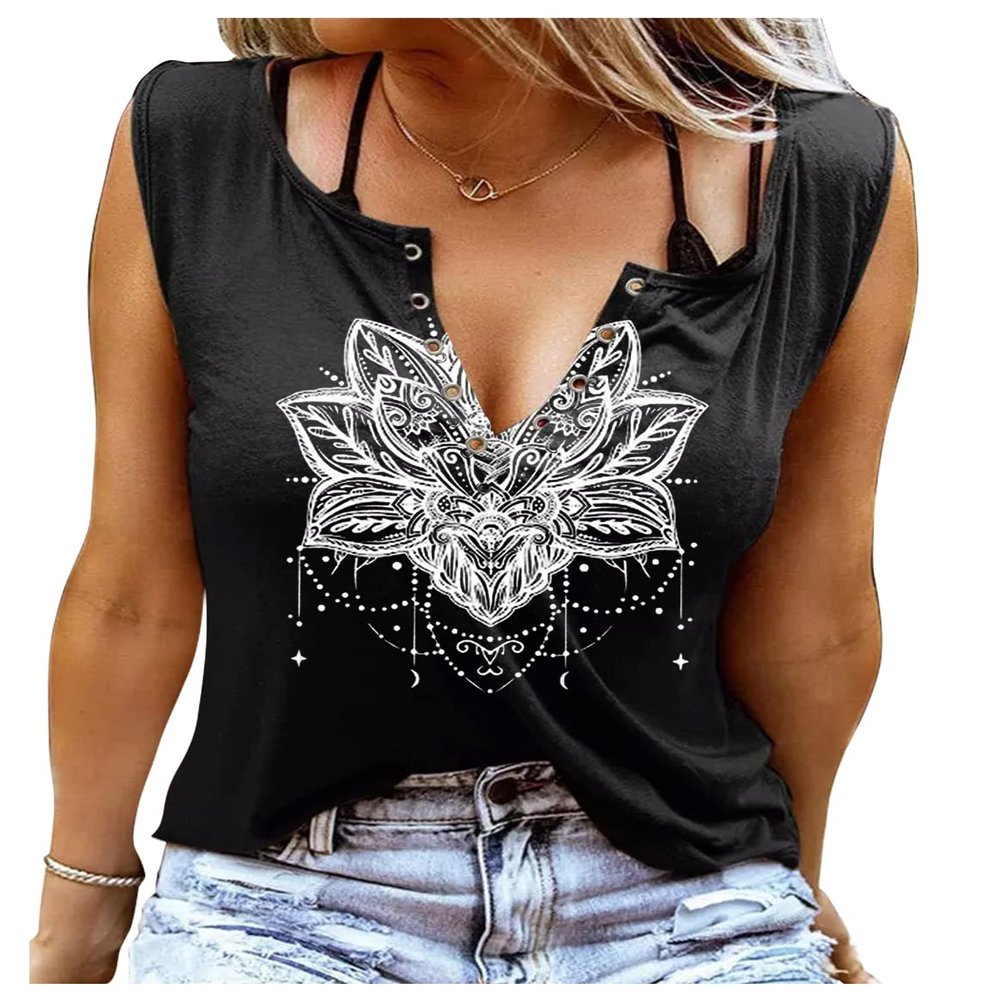 Womens Mandala Vintage Graphic Racerback Tank Tops Summer Casual Loose O-Neck Tanks Vest Vacation Classic-Fit Shirt Cami (Mandala Ring Hole Black, 2X-Large)