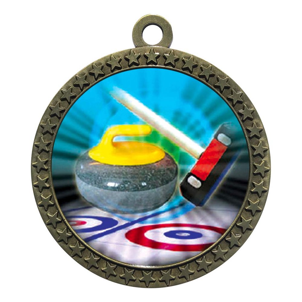 10 Pack of Curling Gold 2.25 Inch Medals Trophy Awards with Red White Blue Neck Ribbons D212G-MY471-10PK