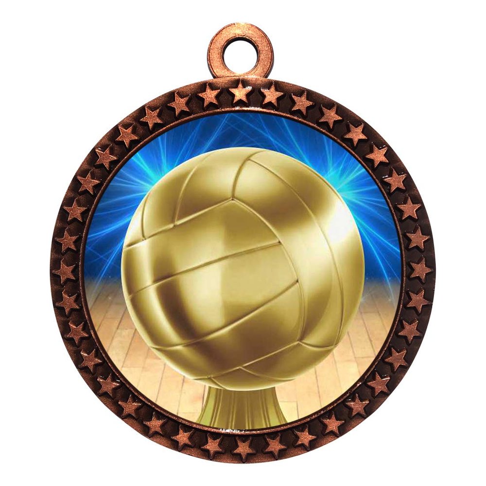 10 Pack of Volleyball Bronze 2.25 Inch Medals Trophy Awards with Red White Blue Neck Ribbons D212B-D45-10PK