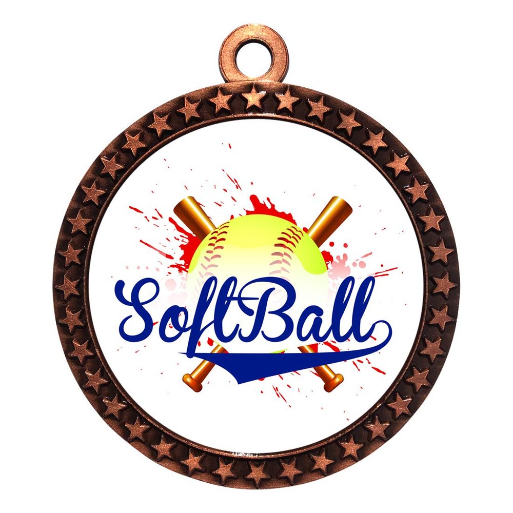 10 Pack of Softball Bronze 2.25 Inch Medals Trophy Awards with Red White Blue Neck Ribbons D212B-EG190-10PK