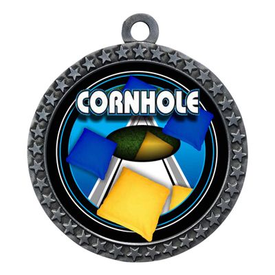10 Pack of Cornhole Silver 2.25 Inch Medals Trophy Awards with Red White Blue Neck Ribbons D212S-FCL455-10PK
