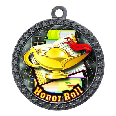 10 Pack of Honor Roll Silver 2.25 Inch Medals Trophy Awards with Red White Blue Neck Ribbons D212S-FCL420-10PK