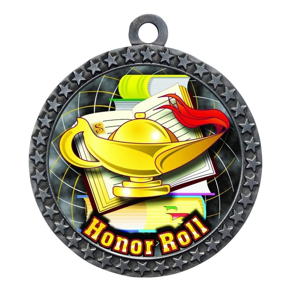 10 Pack of Honor Roll Silver 2.25 Inch Medals Trophy Awards with Red White Blue Neck Ribbons D212S-FCL420-10PK