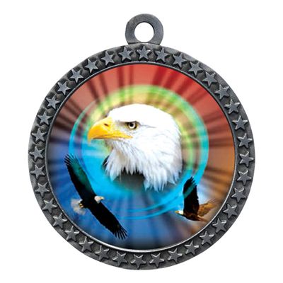 10 Pack of Eagle Silver 2.25 Inch Medals Trophy Awards with Red White Blue Neck Ribbons D212S-MY472-10PK