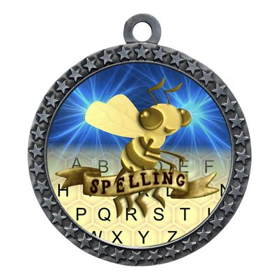 10 Pack of Spelling Bee Silver 2.25 Inch Medals Trophy Awards with Red White Blue Neck Ribbons D212S-D77-10PK