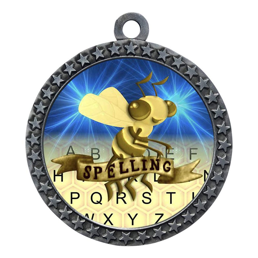 10 Pack of Spelling Bee Silver 2.25 Inch Medals Trophy Awards with Red White Blue Neck Ribbons D212S-D77-10PK
