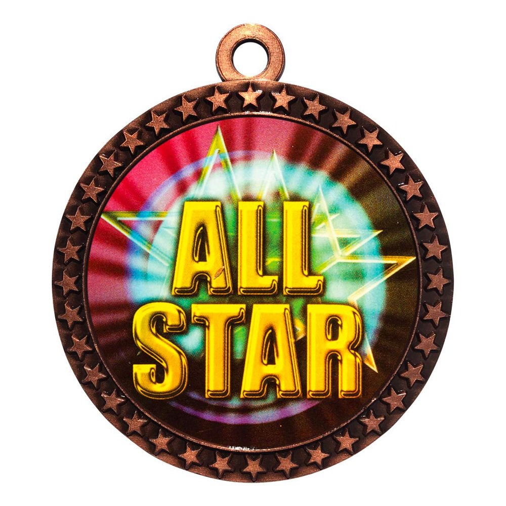 10 Pack of All Star Bronze 2.25 Inch Medals Trophy Awards with Red White Blue Neck Ribbons D212B-MY464-10PK