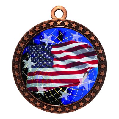 10 Pack of American Flag Bronze 2.25 Inch Medals Trophy Awards with Red White Blue Neck Ribbons D212B-FCL570-10PK
