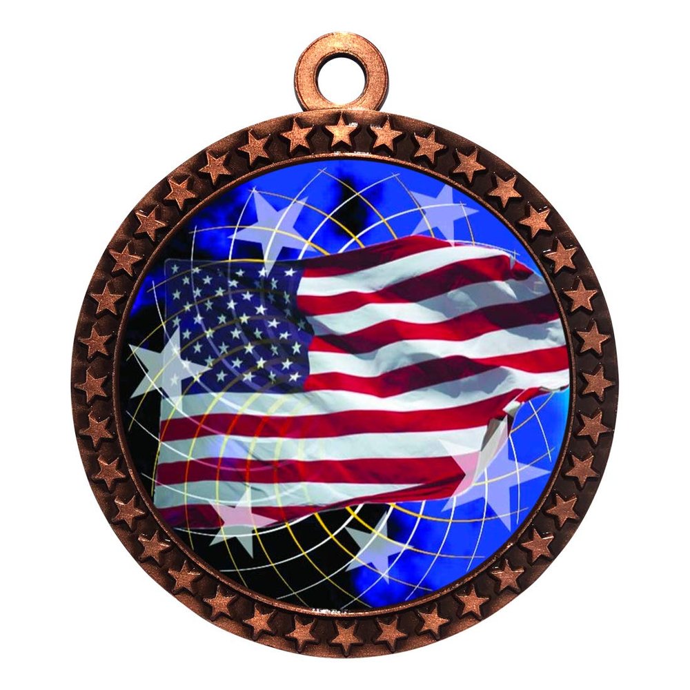 10 Pack of American Flag Bronze 2.25 Inch Medals Trophy Awards with Red White Blue Neck Ribbons D212B-FCL570-10PK