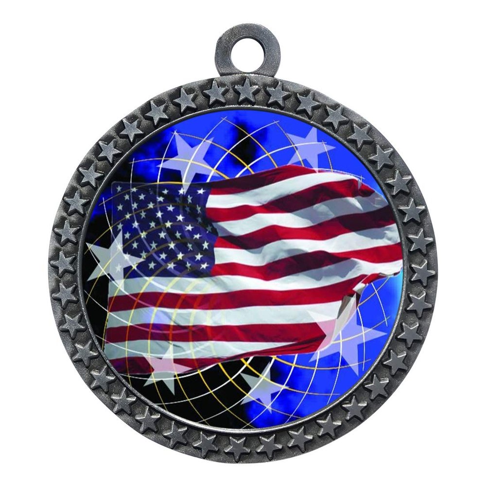 10 Pack of American Flag Silver 2.25 Inch Medals Trophy Awards with Red White Blue Neck Ribbons D212S-FCL570-10PK