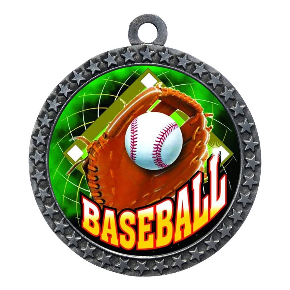 10 Pack of Baseball Silver 2.25 Inch Medals Trophy Awards with Red White Blue Neck Ribbons D212S-FCL410-10PK