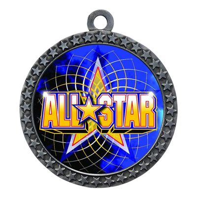 10 Pack of Allstar Silver 2.25 Inch Medals Trophy Awards with Red White Blue Neck Ribbons D212S-FCL402-10PK