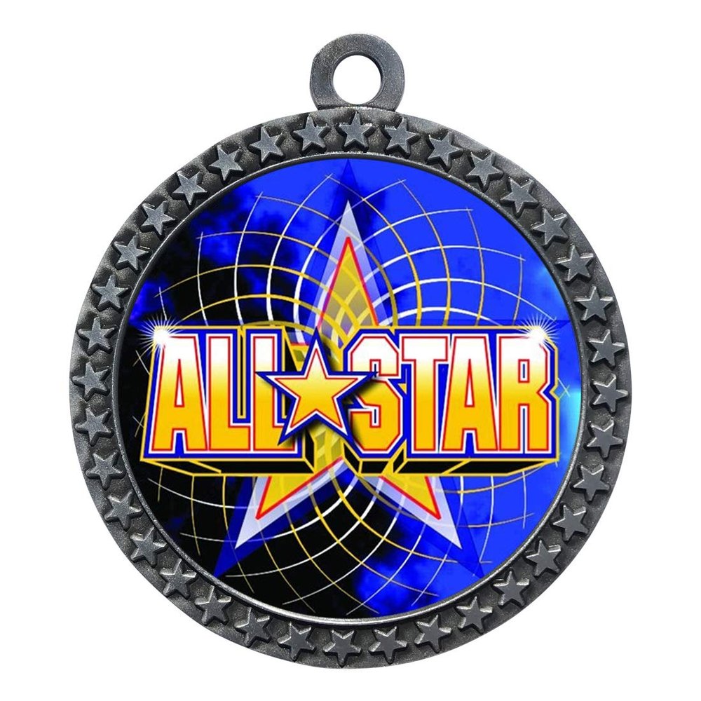 10 Pack of Allstar Silver 2.25 Inch Medals Trophy Awards with Red White Blue Neck Ribbons D212S-FCL402-10PK