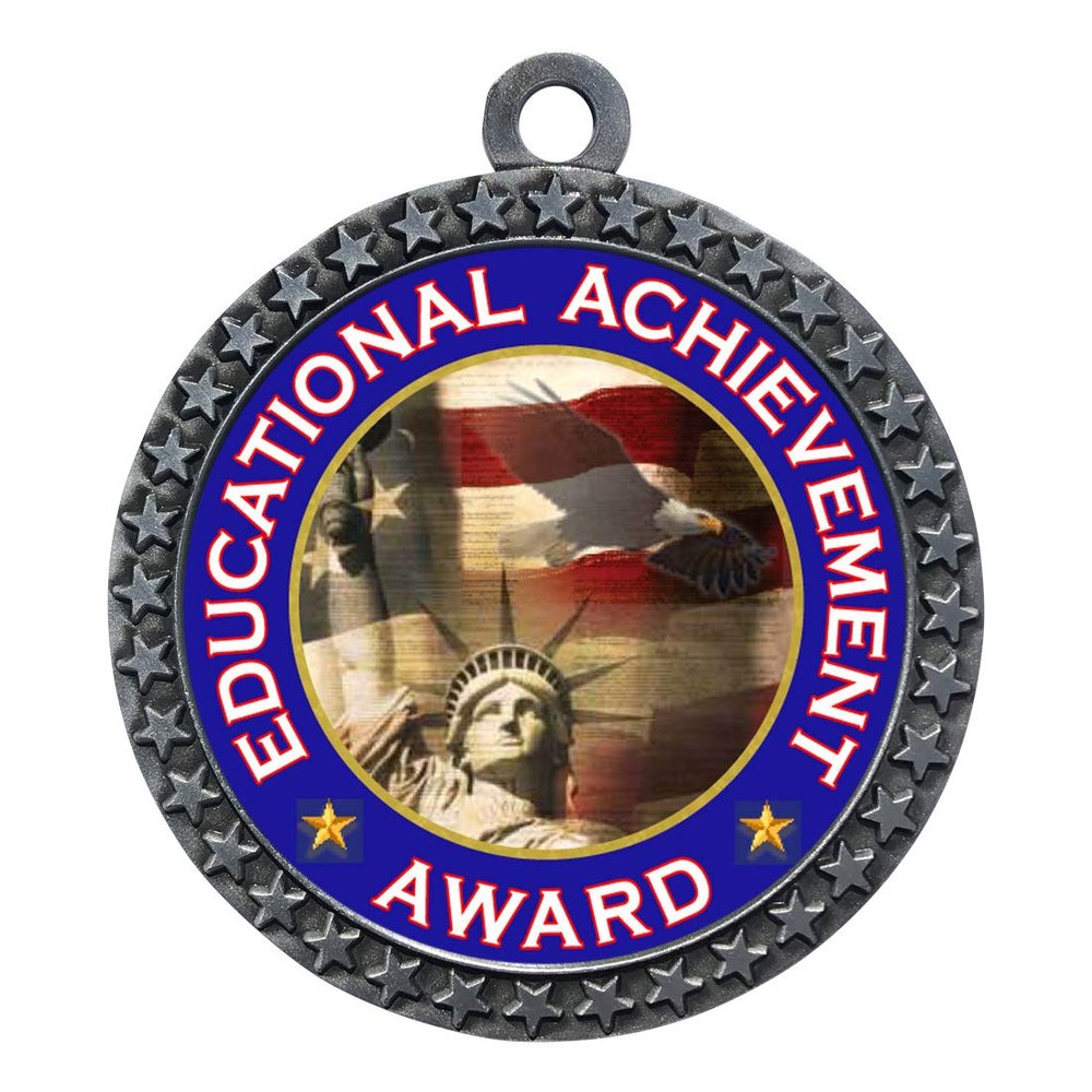 10 Pack of Educational Achievement Awards Silver 2.25 Inch Medals Trophy Awards with Red White Blue Neck Ribbons D212S-FCL465-10PK