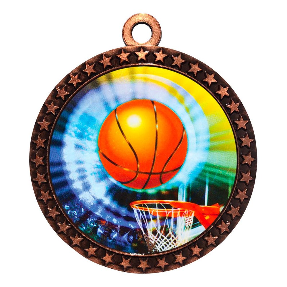 10 Pack of Basketball Bronze 2.25 Inch Medals Trophy Awards with Red White Blue Neck Ribbons D212B-MY406-10PK