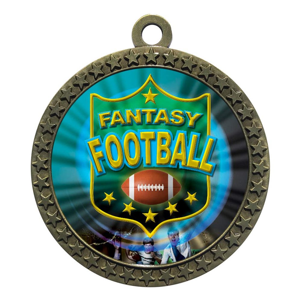 10 Pack of Fantasy Football Gold 2.25 Inch Medals Trophy Awards with Red White Blue Neck Ribbons D212G-MY485-10PK