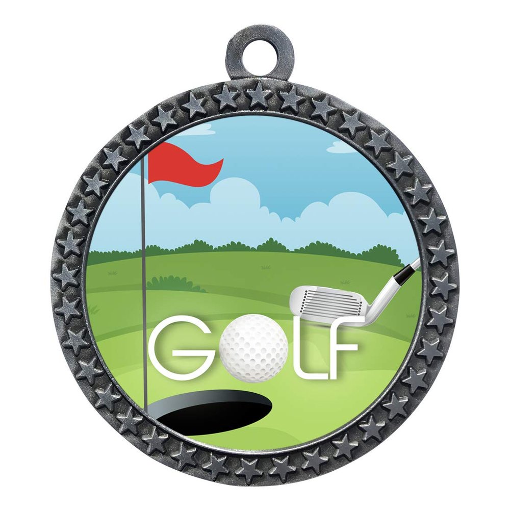 10 Pack of Golf Silver 2.25 Inch Medals Trophy Awards with Red White Blue Neck Ribbons D212S-EG130-10PK