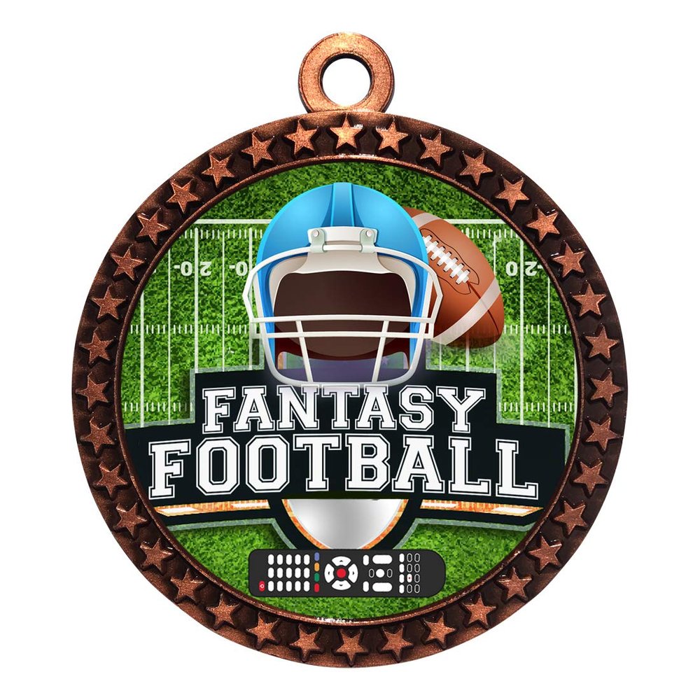10 Pack of Fantasy Football Bronze 2.25 Inch Medals Trophy Awards with Red White Blue Neck Ribbons D212B-EG100-10PK