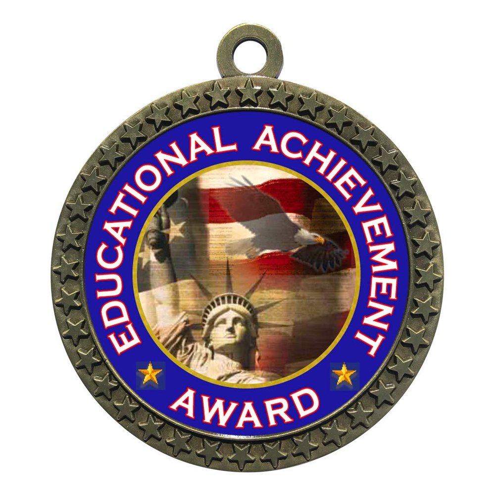 10 Pack of Educational Achievement Awards Gold 2.25 Inch Medals Trophy Awards with Red White Blue Neck Ribbons D212G-FCL465-10PK