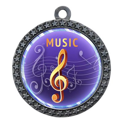 10 Pack of Music Silver 2.25 Inch Medals Trophy Awards with Red White Blue Neck Ribbons D212S-EG160-10PK