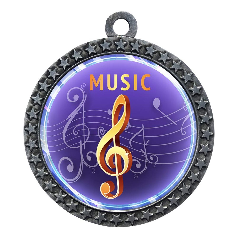 10 Pack of Music Silver 2.25 Inch Medals Trophy Awards with Red White Blue Neck Ribbons D212S-EG160-10PK