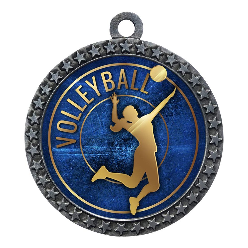 10 Pack of Volleyball Silver 2.25 Inch Medals Trophy Awards with Red White Blue Neck Ribbons D212S-EG60-10PK