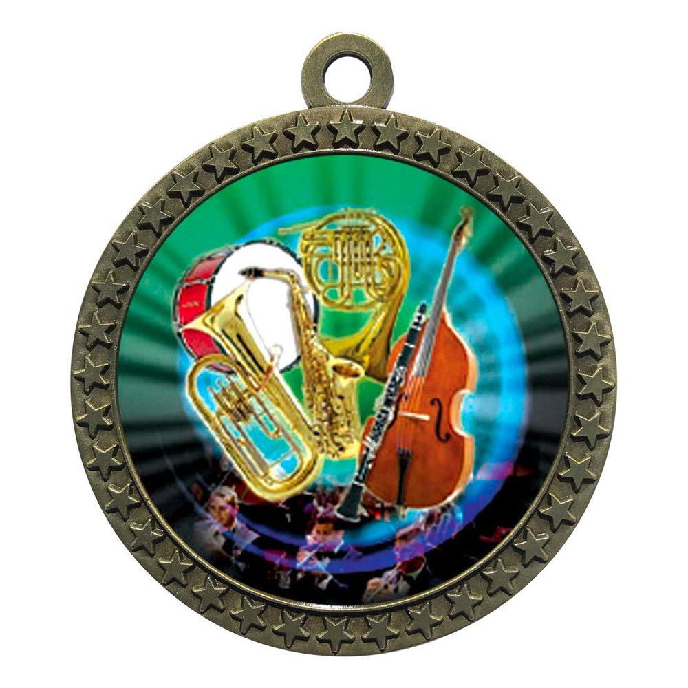 10 Pack of Band Orchestra Gold 2.25 Inch Medals Trophy Awards with Red White Blue Neck Ribbons D212G-MY467-10PK