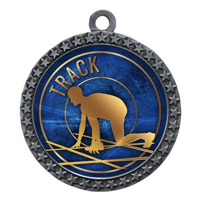 10 Pack of Track Silver 2.25 Inch Medals Trophy Awards with Red White Blue Neck Ribbons D212S-EG58-10PK