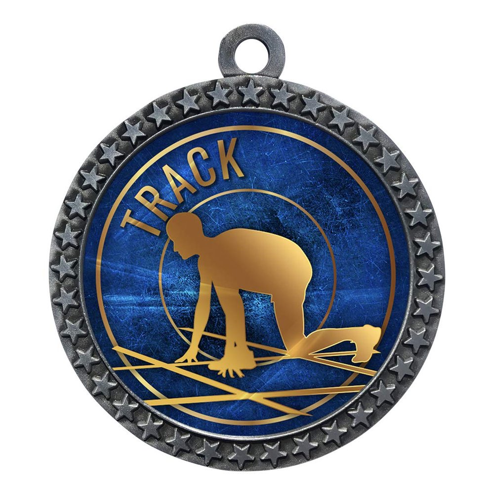 10 Pack of Track Silver 2.25 Inch Medals Trophy Awards with Red White Blue Neck Ribbons D212S-EG58-10PK
