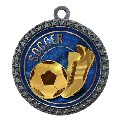 10 Pack of Soccer Silver 2.25 Inch Medals Trophy Awards with Red White Blue Neck Ribbons D212S-EG46-10PK