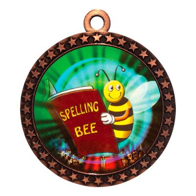 10 Pack of Spelling Bee Bronze 2.25 Inch Medals Trophy Awards with Red White Blue Neck Ribbons D212B-MY447-10PK
