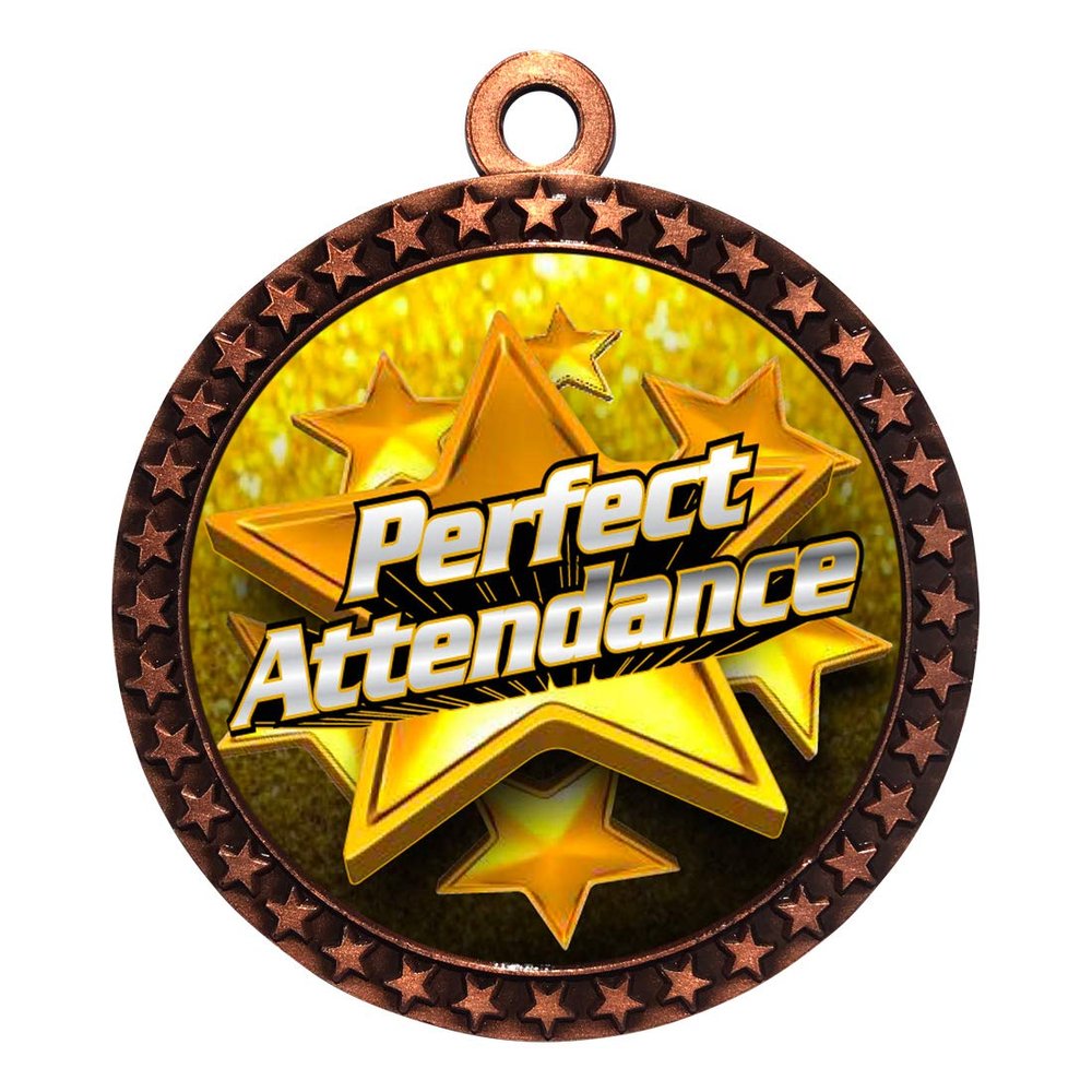 10 Pack of Perfect Attendance Bronze 2.25 Inch Medals Trophy Awards with Red White Blue Neck Ribbons D212B-FCL525-10PK
