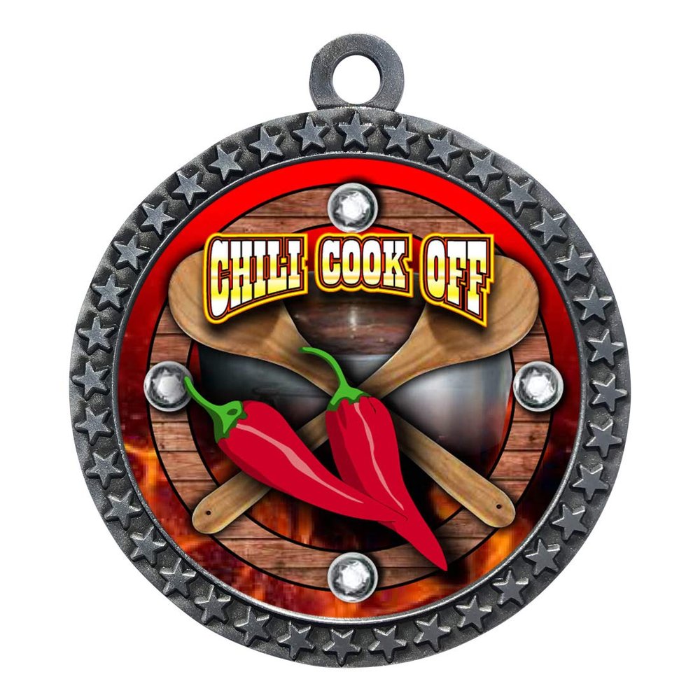 10 Pack of Chili Cook Off Silver 2.25 Inch Medals Trophy Awards with Red White Blue Neck Ribbons D212S-FCL437-10PK