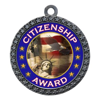 10 Pack of Citizenship Silver 2.25 Inch Medals Trophy Awards with Red White Blue Neck Ribbons D212S-FCL441-10PK