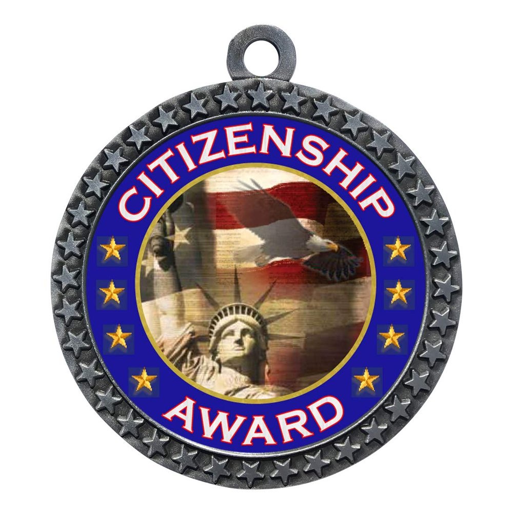 10 Pack of Citizenship Silver 2.25 Inch Medals Trophy Awards with Red White Blue Neck Ribbons D212S-FCL441-10PK