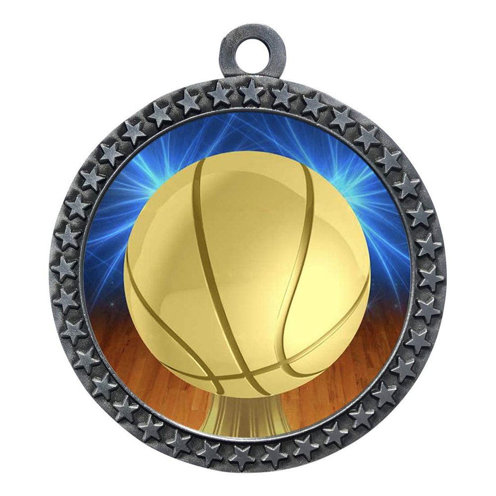 10 Pack of Basketball Silver 2.25 Inch Medals Trophy Awards with Red White Blue Neck Ribbons D212S-D10-10PK