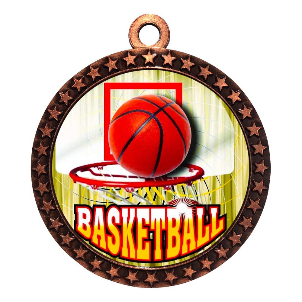 10 Pack of Basketball Bronze 2.25 Inch Medals Trophy Awards with Red White Blue Neck Ribbons D212B-FCL412-10PK