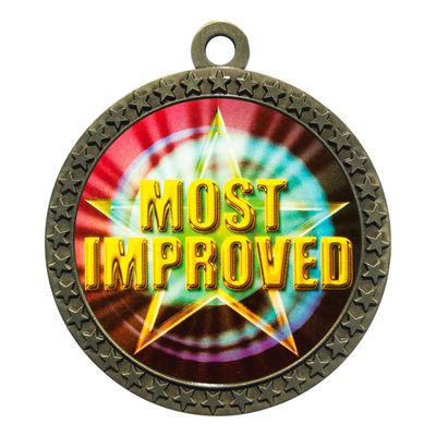 10 Pack of Most Improved Gold 2.25 Inch Medals Trophy Awards with Red White Blue Neck Ribbons D212G-MY457-10PK