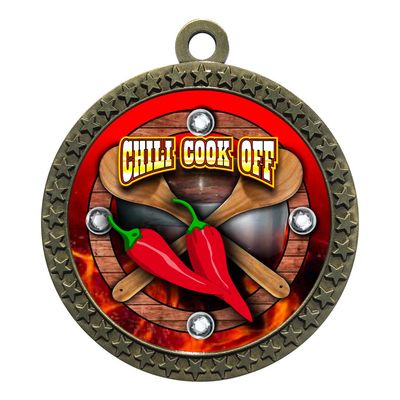 10 Pack of Chili Cook Off Gold 2.25 Inch Medals Trophy Awards with Red White Blue Neck Ribbons D212G-FCL437-10PK