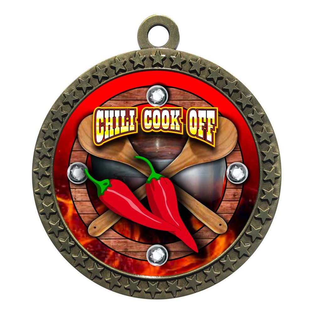 10 Pack of Chili Cook Off Gold 2.25 Inch Medals Trophy Awards with Red White Blue Neck Ribbons D212G-FCL437-10PK