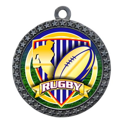 10 Pack of Rugby Silver 2.25 Inch Medals Trophy Awards with Red White Blue Neck Ribbons D212S-FCL539-10PK