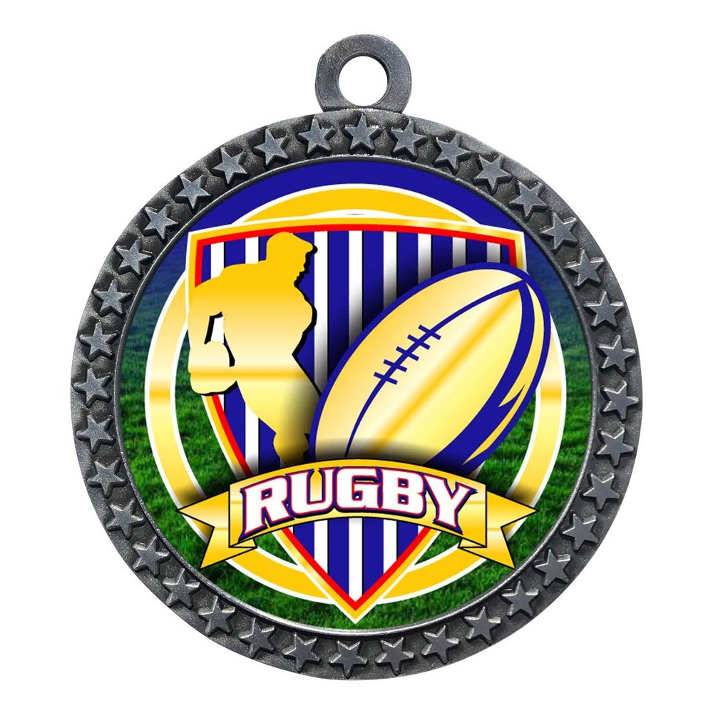 10 Pack of Rugby Silver 2.25 Inch Medals Trophy Awards with Red White Blue Neck Ribbons D212S-FCL539-10PK