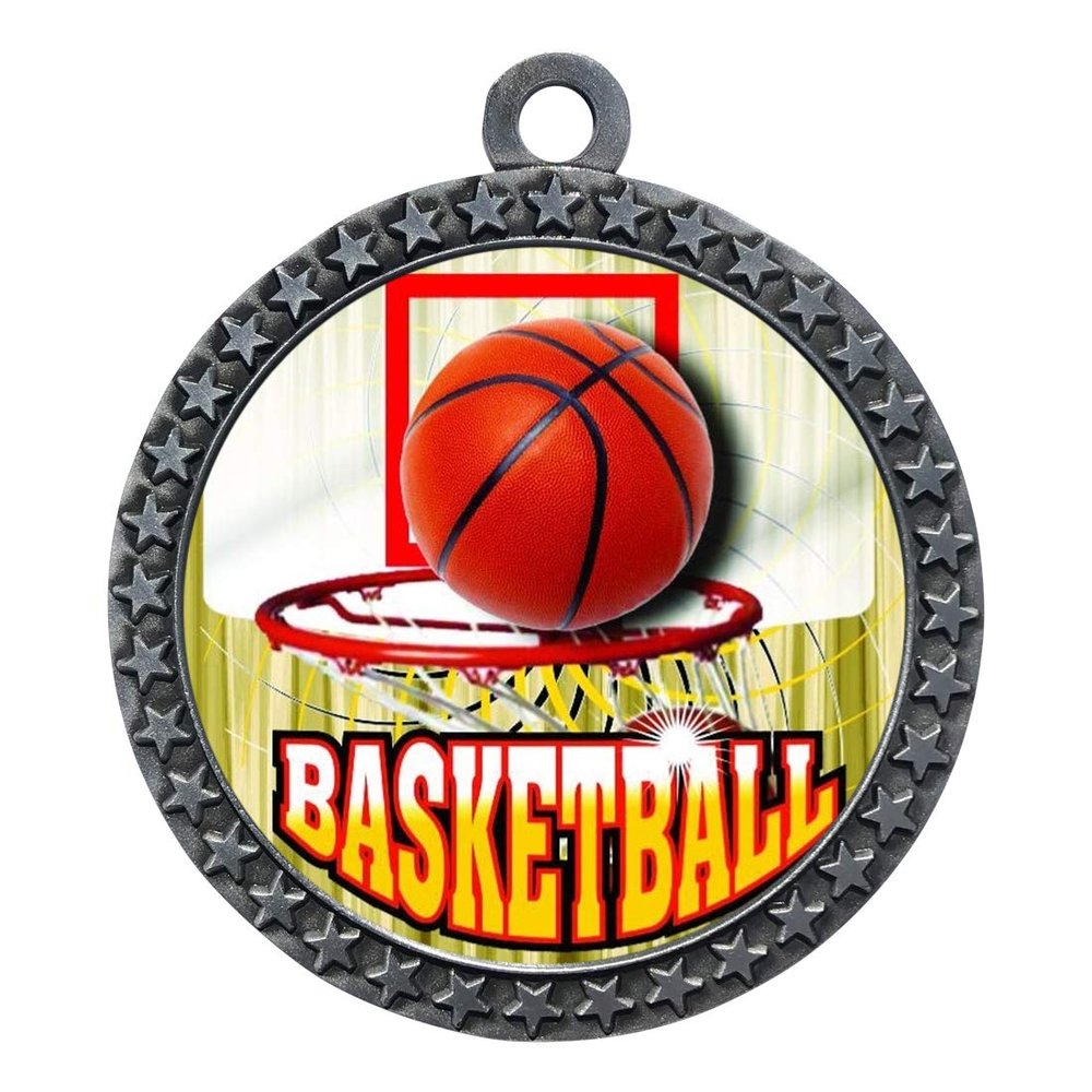 10 Pack of Basketball Silver 2.25 Inch Medals Trophy Awards with Red White Blue Neck Ribbons D212S-FCL412-10PK