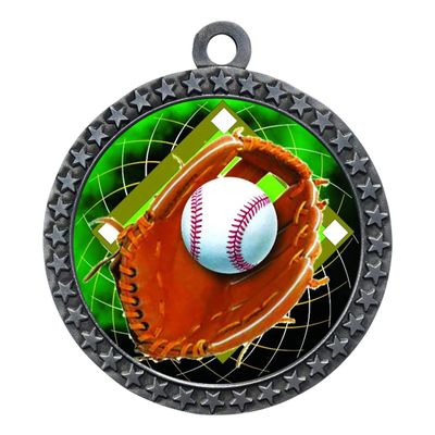 10 Pack of Baseball Silver 2.25 Inch Medals Trophy Awards with Red White Blue Neck Ribbons D212S-FCL408-10PK