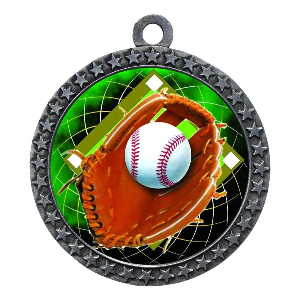 10 Pack of Baseball Silver 2.25 Inch Medals Trophy Awards with Red White Blue Neck Ribbons D212S-FCL408-10PK