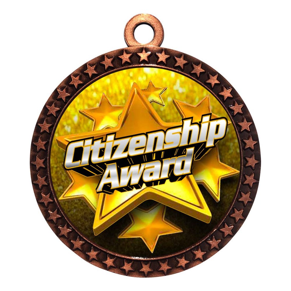 10 Pack of Citizenship Awards Bronze 2.25 Inch Medals Trophy Awards with Red White Blue Neck Ribbons D212B-FCL451-10PK